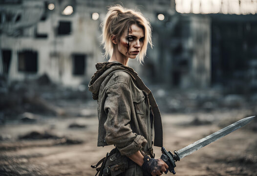 Post-apocalyptic woman with weapon outdoors.