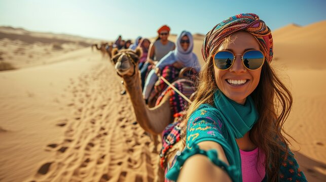 Happy tourist having fun enjoying group camel ride tour in the desert - Travel, life style, vacation activities and adventure concept