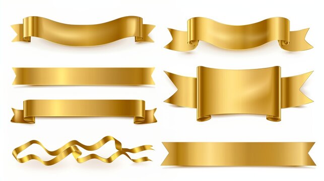 Set of gold banner label ribbons with white background. Generated by artificial intelligence.