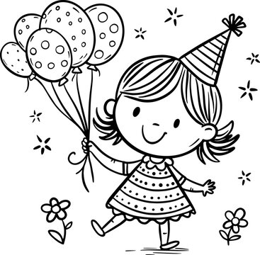 Cute cartoon little girl in a birthday cap walking outdoors with balloons, kids birthday clipart outline illustration