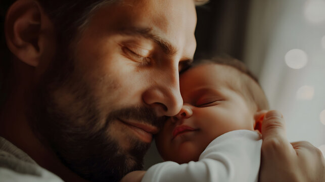 An intimate photo of a father with closed eyes, gently holding his newborn, highlighted by soft lighting and a peaceful expression