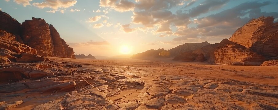 Sun over a vast desert with sand dunes and dramatic mountain structures, portraying tranquility and the grandeur of nature