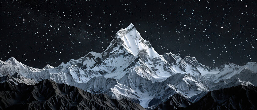 Very modern, current, contemporary nature background, wallpaper, backdrop, texture, Mount Everest mountain and snowy Himalayan mountains, stars, isolated. Realistic LIDAR model, scan, map, night sky