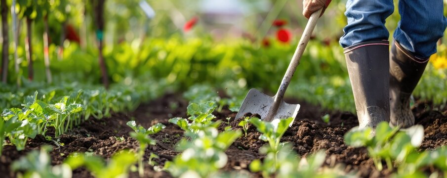 A professional gardener working in the garden, planting new seedlings. 