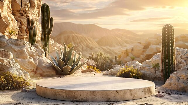 Podium set on a sandy stage with a stone and cactus background for beauty products, close up dynamic double exposure with a sunset desert backdrop