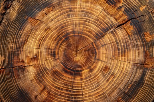 Wood stump background. Round felled tree with annual rings as wood texture - generative ai