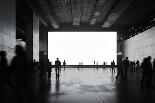 Digital screen billboard mockup in the event hall with people silhouettes, blank space to display your advertising or branding campaign