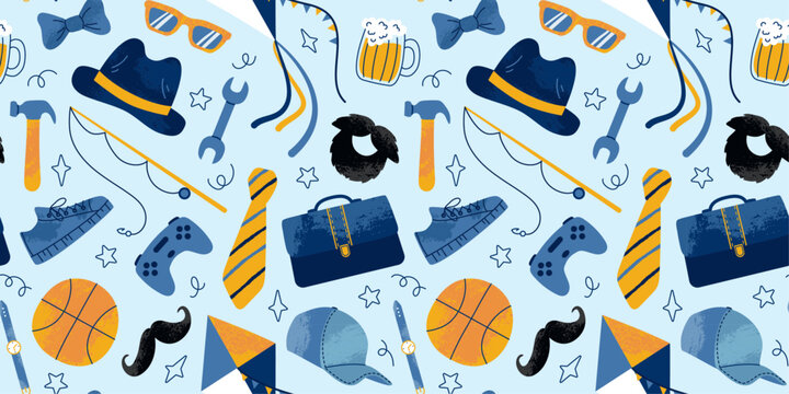 Seamless pattern for Happy Father's Day. Grunge textured hat, ball, mustache, bow tie, gamepad, kite, items, shoes, briefcase. For background, textile, wallpaper, wrapper.