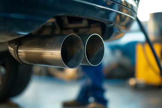 Closeup photo of a professional mechanic repairing a leak in a vehicle's exhaust system in a wellequipped garage