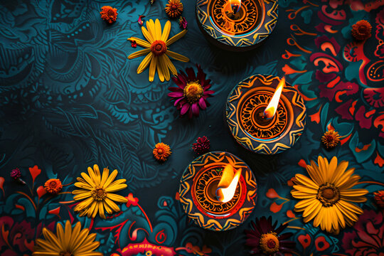 illustation of Happy Diwali, festival of lights tradition Diya oil lamps. Indian biggest festival
