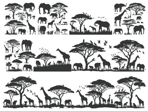 African safari animals and tree silhouette, Collection of African savannah animals among the trees.