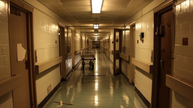 Haunting image of an empty hospital hallway.