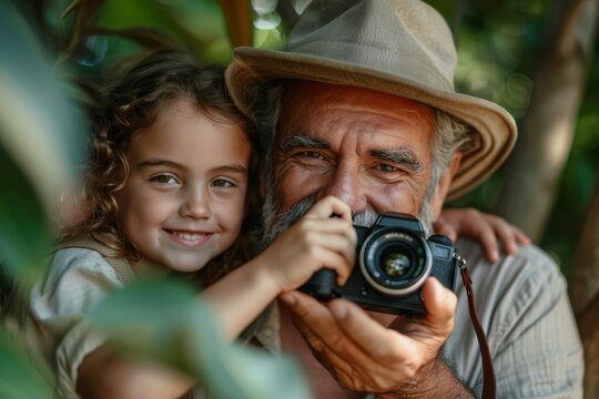 Fathers Day Photography Focus on a father and child taking photos, both smiling and looking at the camera, with a nature background, empty space left for text