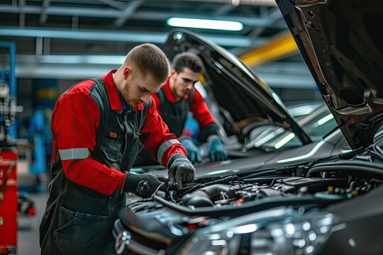 a car factory with workers working on cars, a factory with a lot of cars on the assembly line, team of technicians performing routine maintenance on a fleet of cars