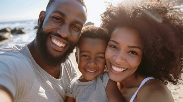 Family selfie at beach, summer vacation, and seaside. Video call faces of excited, smile and happy mom, dad and boy kids photos for fun, happiness and sunny ocean travel