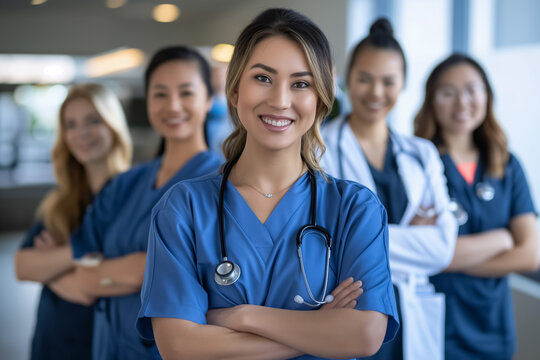 Healthcare, leadership and team portrait of doctor and nurses in hospital with support and serious teamwork. Confident doctors and professional medical employees together. Generative AI