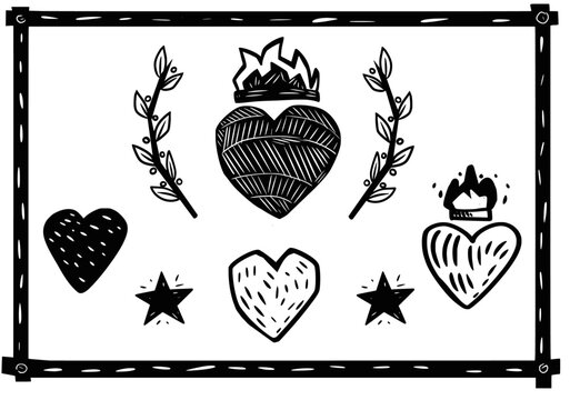 Various heart styles, hatched heart, heart with fire. woodcut style