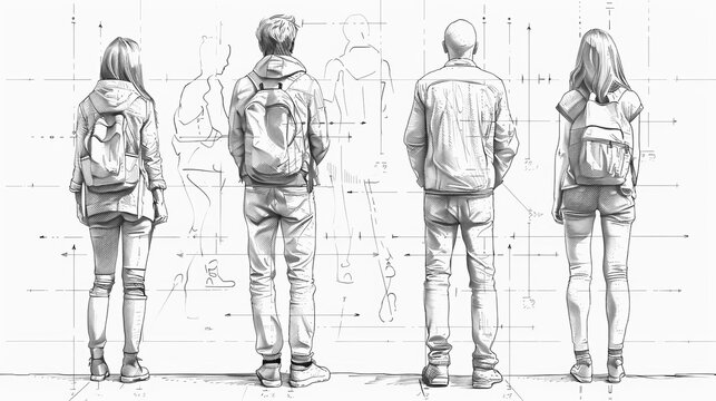 Vector illustration of people with backpacks observing architectural drawings