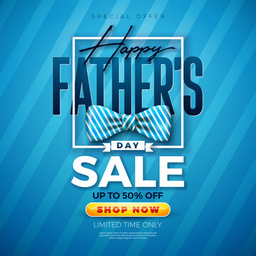 Father's Day Sale Promotional Business Illustration with Bow Tie and Typography Letter on Blue Background. Vector Special Holiday Offer Illustration for Best Dad. Template for Coupon, Voucher, Banner