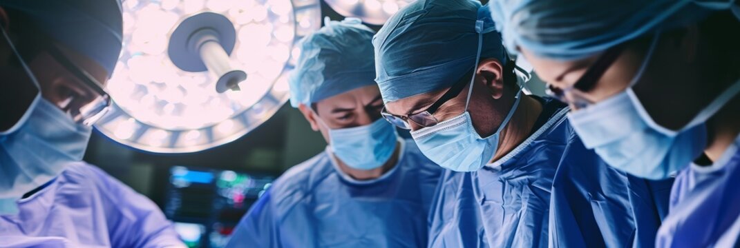 Surgeons in scrubs and masks, focused on performing a complex operation in a sterile hospital room