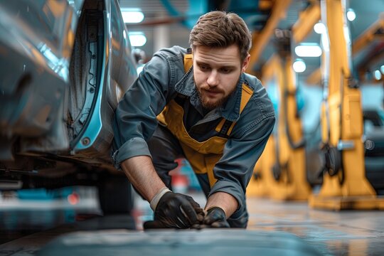 Handsome mechanic repairs the bottom of the car, car service