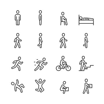 Person Movement, icon set. Figure in Various Poses. Standing, Sitting, Lying Down, Walking, Running, Sprinting, Riding a Bicycle, Climbing Stairs, Falling, Jumping, Lifting. Line with editable stroke