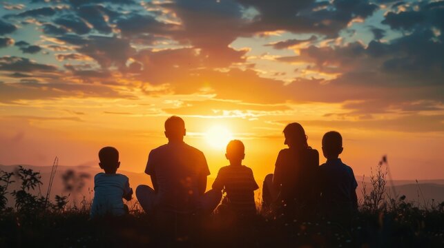 The photo shows a family of five sitting on a hilltop, watching the sunset