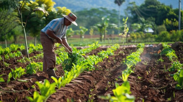 A farmer using eco-friendly methods on a sustainable farm