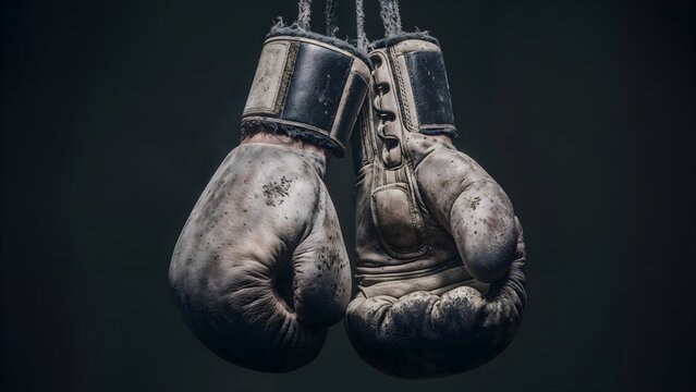 Worn boxing gloves hanging against dark background