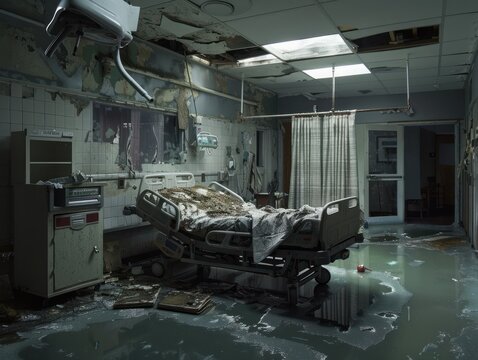 A photo of an abandoned hospital room. The room is flooded with water and the walls are cracked and peeling. The bed is covered in a dirty blanket and there is a medical cart next to it. The room is d