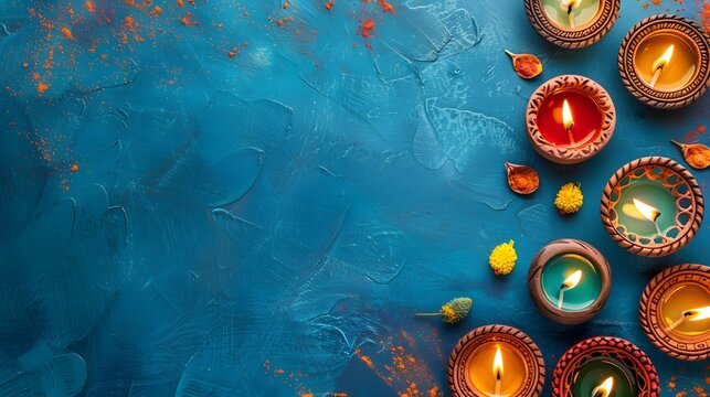 Diwali celebration background with colorful clay diya lamps lit on a textured blue surface, ideal for festive and cultural themes