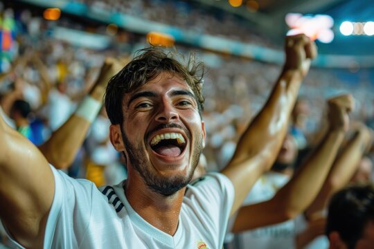 Excited soccer fan cheering and celebrating goal in crowded stadium