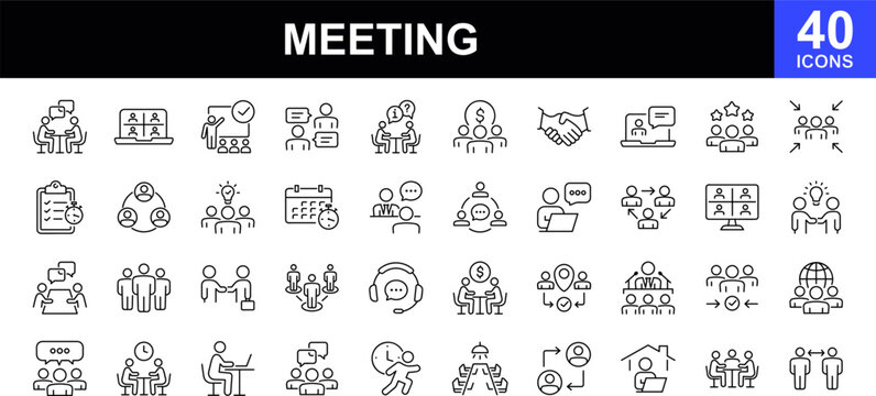 Meeting icon set. Contains such icons as seminar, business meeting, presentation, interview, conference, assembly, agreement and discussion icons, webinar, teamwork, coworking and more