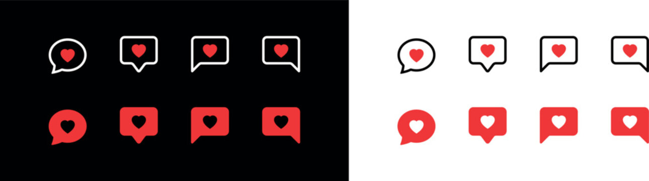 Social media online platform concept, social communication on applications. Photo frame with red heart and love emoji icon set. Chat bubble reaction in black and white for care. Editable illustration