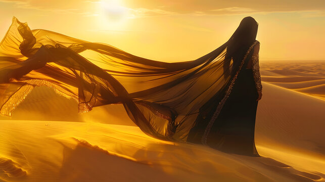 Mystery arabic woman in black long dress stands in desert long train silk fabric fly flutter in wind motion clothes gold accessories hide face Oriental fashion model Sand dunes backgro : Generative AI