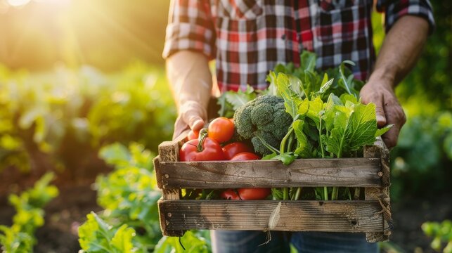 farmer holding wooden box full of fresh vegetables. harvesting season. basket with vegetables in the hands of a farmer background, healthy, organic, food, agriculture