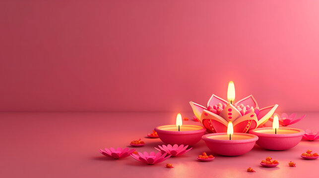 Oil lamps with flowers decoration in Diwali festival.