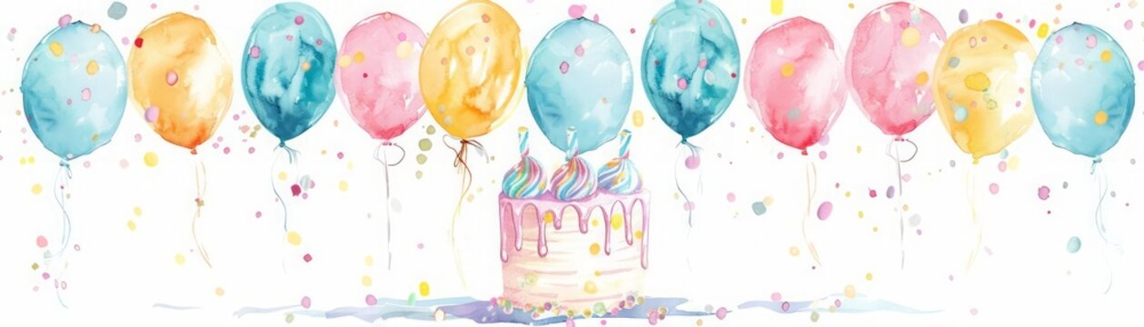 A watercolor clipart of a cute, colorful cake with pastel balloons and confetti, set against a white background with a playful, cheerful style