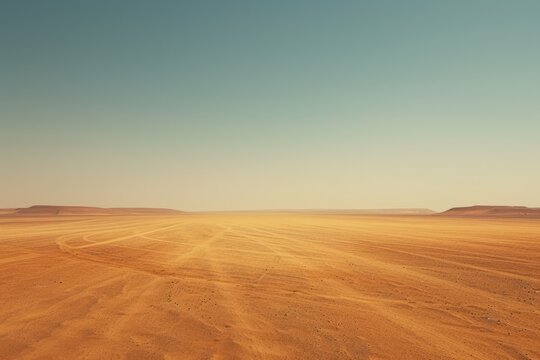 a desert with a few hills in the distance, endless expanse of desert under the midday sun