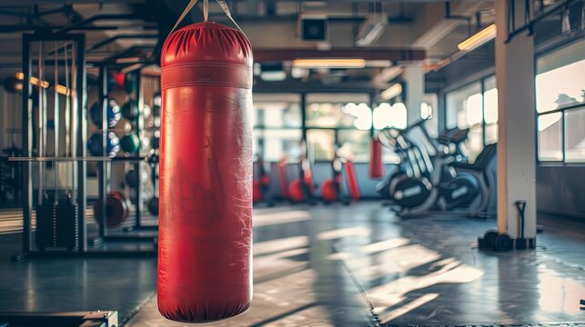 Small red punching bag hanging near other training equipment in a boxing gym. Still life shot of a fitness gym during the day