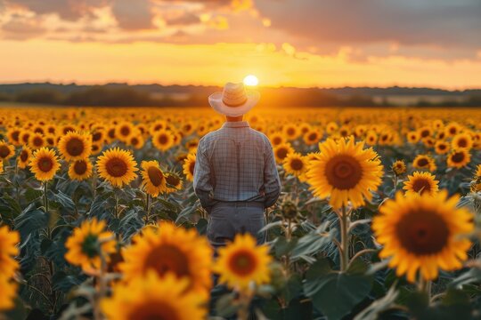 A picturesque shot of a farmer standing in a vast sunflower field, gazing at the beautiful sunset, surrounded by blooming sunflowers bathed in warm sunlight.