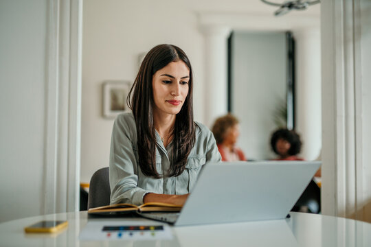 Busy beautiful professional business woman looking at laptop working in office