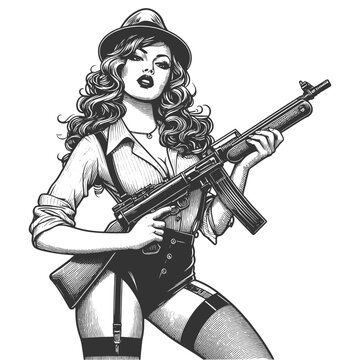 femme fatale holding a gun showcasing classic pin-up style and detailed engraving sketch engraving generative ai fictional character vector illustration. Scratch board imitation. Black and white image