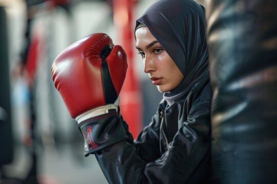 Strong young Muslim woman wearing boxing gloves and exercise clothes is looking at a punching bag in the gym.