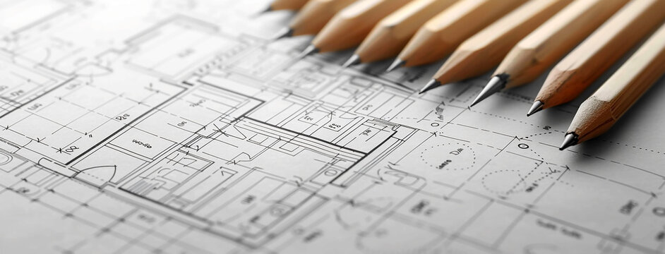 a wide angled horizontal macro closeup photo of yellow color drawing pencils on an architectural blueprint layout plan drawing on a table 