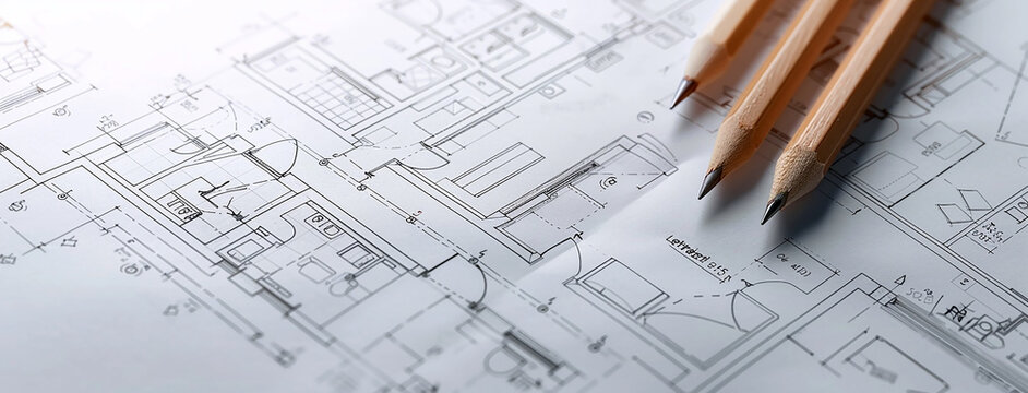 detailed closeup wide horizontal photo of yellow color drawing pencils on a architectural layout plan blueprint drawing on a table 