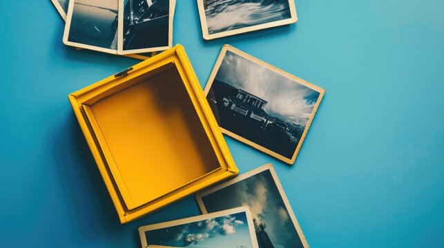 Retro Slide Photos in Yellow Box on Blue Background