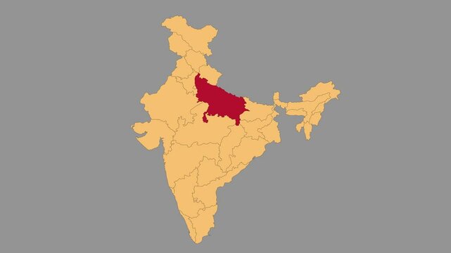 Uttar Pradesh map animated video. Map Highlighted on the India map with animation and colour with Gray background in video format.