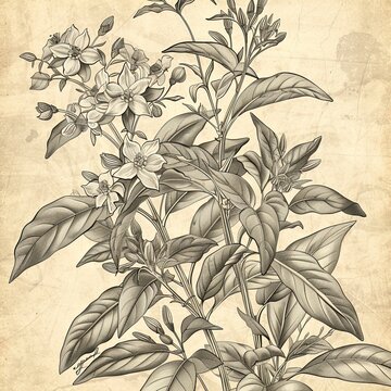 Vintage botanical illustration with detailed line work and sepia tones, echoing classic scientific drawings