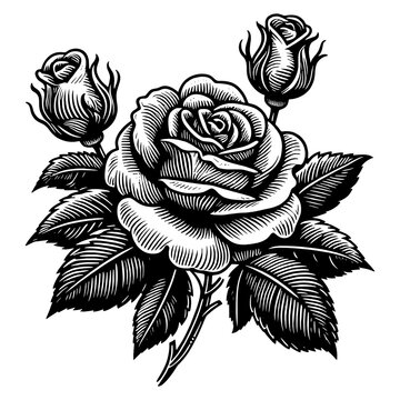 rose flower with detailed leaves, perfect for tattoos or botanical designs sketch engraving generative ai PNG illustration. Scratch board imitation. Black and white image.